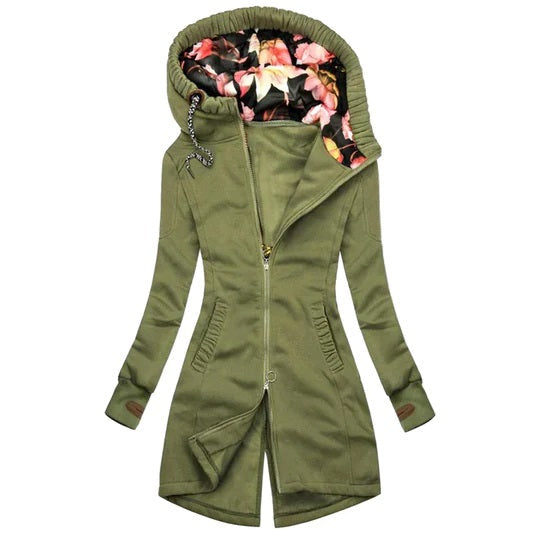 Marion | Geblümte Gefütterte Lange Jacke mit Kapuze und Reißverschluss Damen