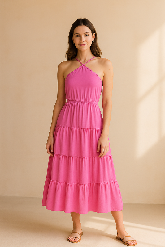 Maxikleid mit Halter, Schlitz und Lagenrock – sommerlich und vielseitig