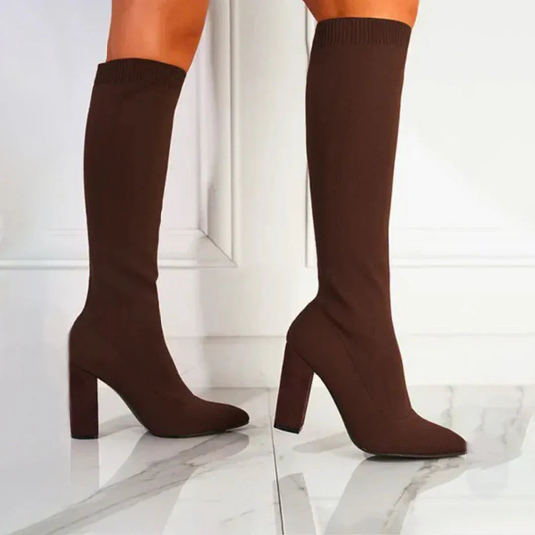Angela | Damen Winter Strickstiefel mit Hohem Absatz
