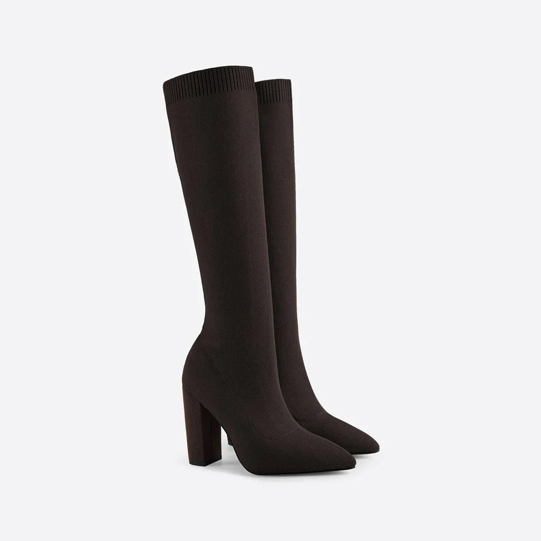 Angela | Damen Winter Strickstiefel mit Hohem Absatz