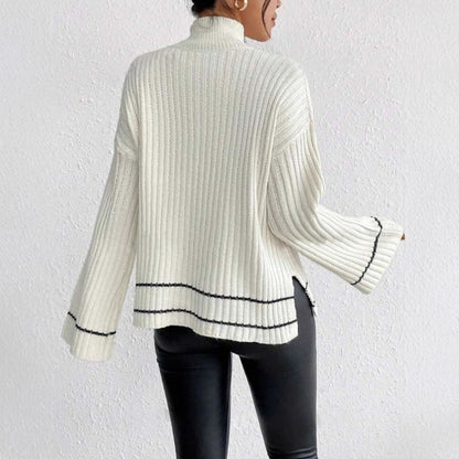 Pauline | Damen Lässige Langärmlige Gerippte Strickpullover