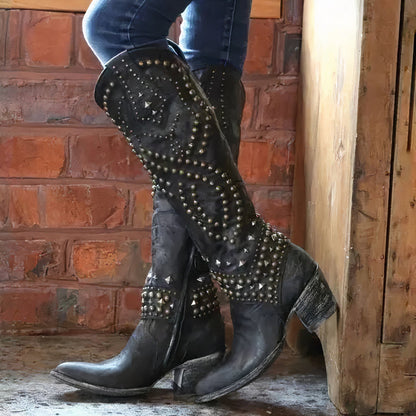 Elke | Damen Westernstiefel mit Nieten, knielang