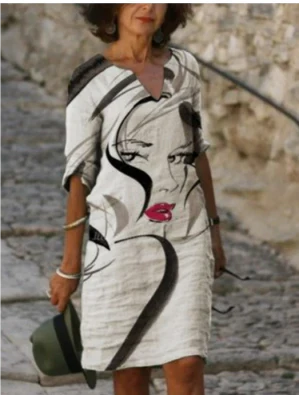 Beatrice | Damen Kleid mit abstraktem Porträt und V-Ausschnitt