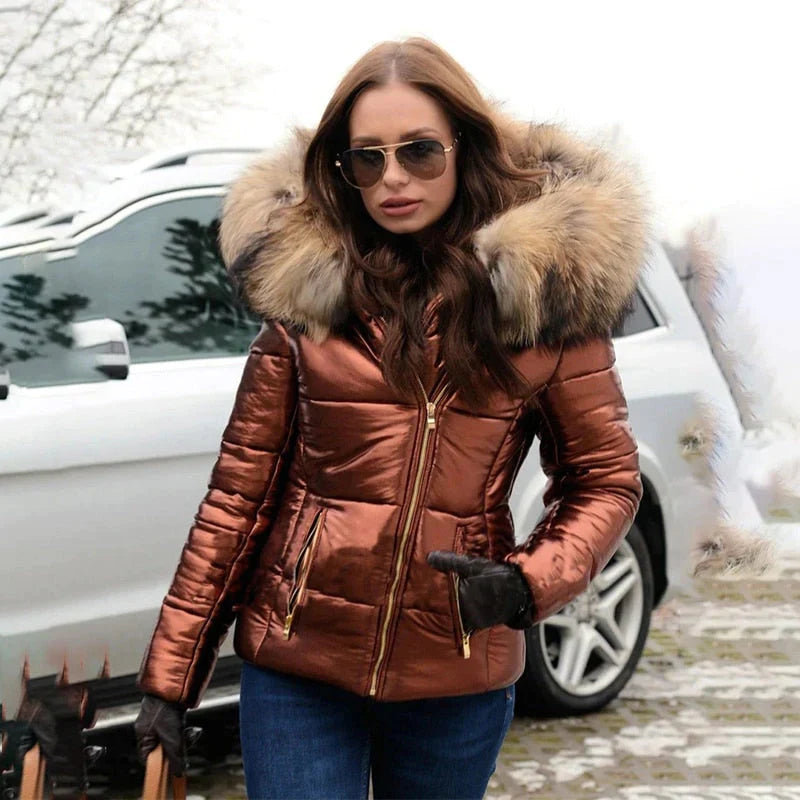Lena | Damen Winter Steppjacke mit Kapuze und Fell