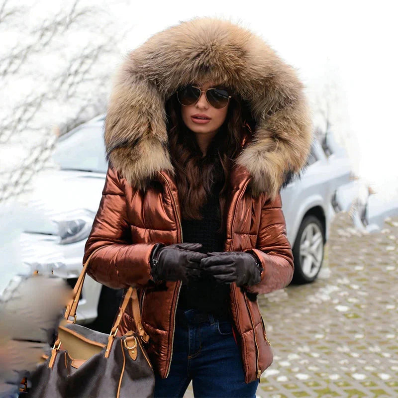 Lena | Damen Winter Steppjacke mit Kapuze und Fell