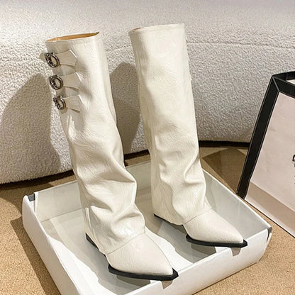 Yvonne | Damen Leder Oberschenkelhohe Stiefel mit Schnalle