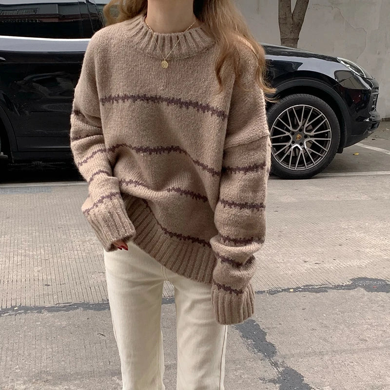 Martina | Damen Gemütlicher Gestreifter Winterpullover