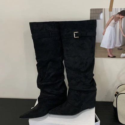 Pauline | Damen Leder Oberschenkelhohe Stiefel mit Schnalle