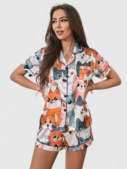 Gabriela | Damen Kurzarm-Pyjama-Set mit Katzenmotiv