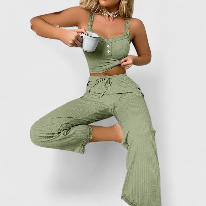 Pauline | Damen Geripptes Pyjama-Set mit Spitzenbesatz