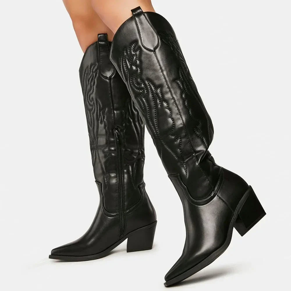 Marie | Damen Westliche Lange Stiefel mit Quadratischer Spitze