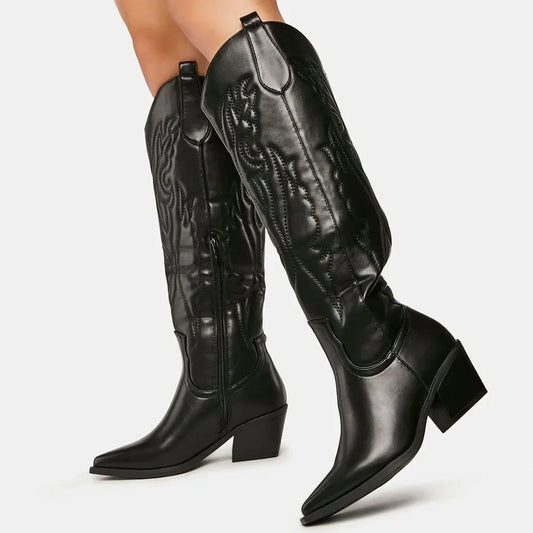 Marie | Damen Westliche Lange Stiefel mit Quadratischer Spitze