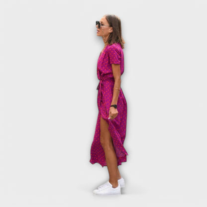 Susanne | Damen Lässiges Langkleid mit V-Ausschnitt und Gürtel