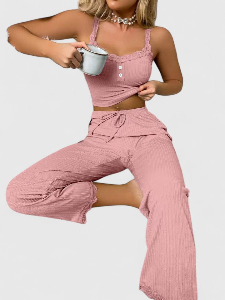 Pauline | Damen Geripptes Pyjama-Set mit Spitzenbesatz