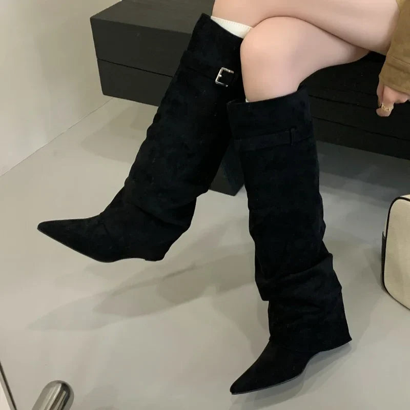 Pauline | Damen Leder Oberschenkelhohe Stiefel mit Schnalle