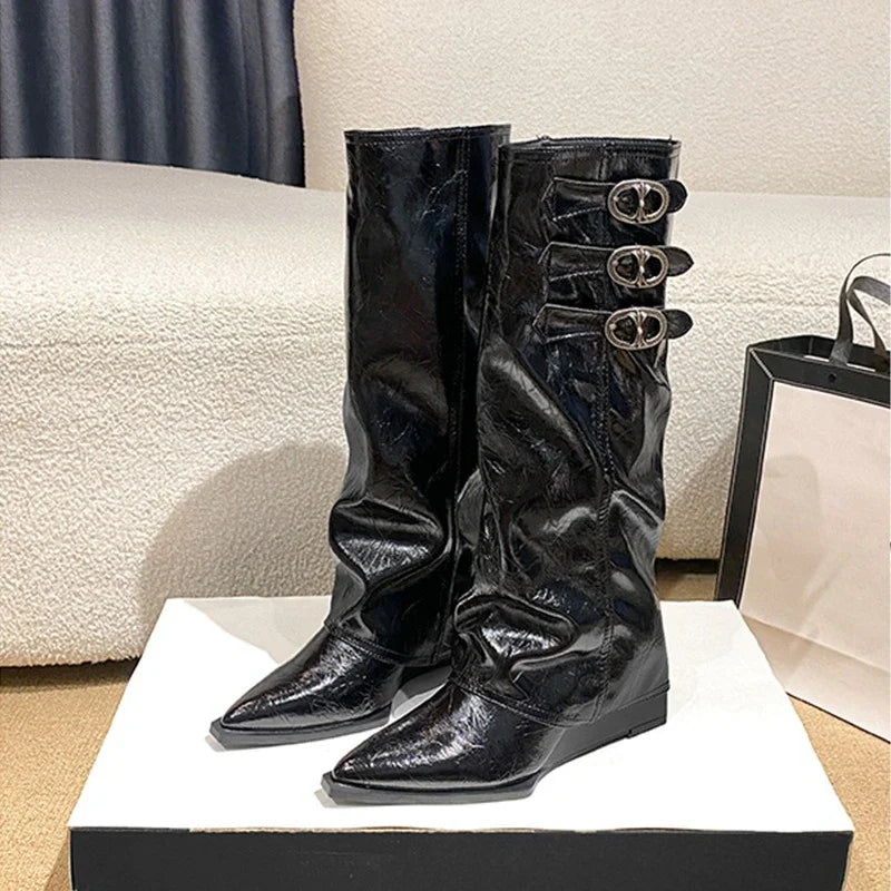 Yvonne | Damen Leder Oberschenkelhohe Stiefel mit Schnalle