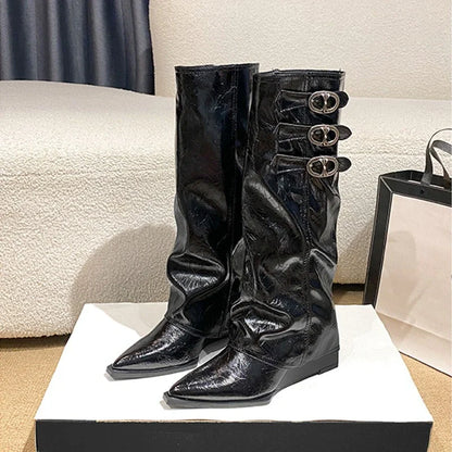 Yvonne | Damen Leder Oberschenkelhohe Stiefel mit Schnalle