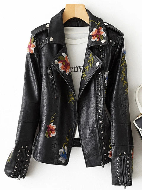 Yvonne | Damen Bikerjacke mit Blumenmuster und Nieten