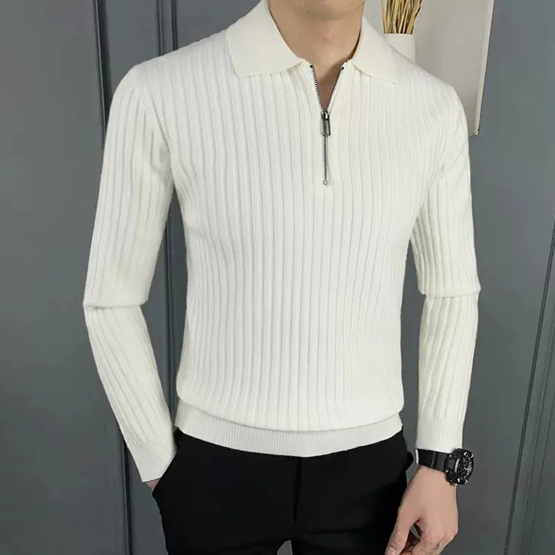 David | Herren Gerippter Strickpullover mit Reißverschluss und Polokragen