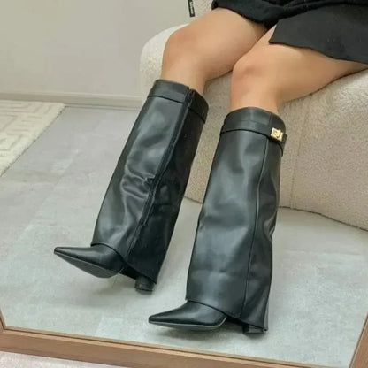 Petra | Damen Leder Oberschenkelhohe Stiefel mit Schnalle
