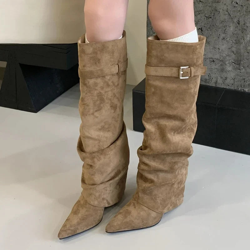 Pauline | Damen Leder Oberschenkelhohe Stiefel mit Schnalle