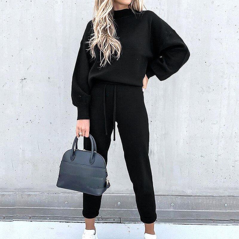Katharina | Weiches Strick Lounge Set mit Kordelzug Taille Damen