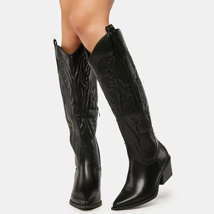 Marie | Damen Westliche Lange Stiefel mit Quadratischer Spitze