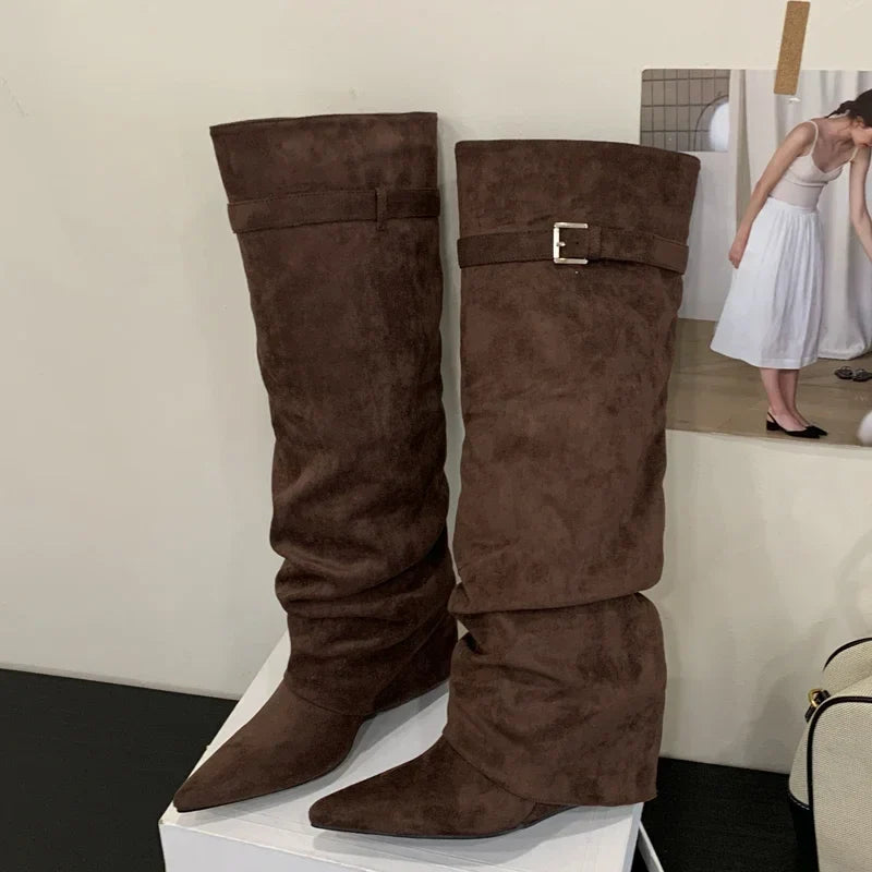 Pauline | Damen Leder Oberschenkelhohe Stiefel mit Schnalle