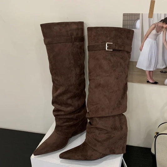 Pauline | Damen Leder Oberschenkelhohe Stiefel mit Schnalle