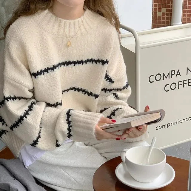 Martina | Damen Gemütlicher Gestreifter Winterpullover