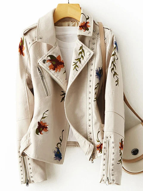 Yvonne | Damen Bikerjacke mit Blumenmuster und Nieten