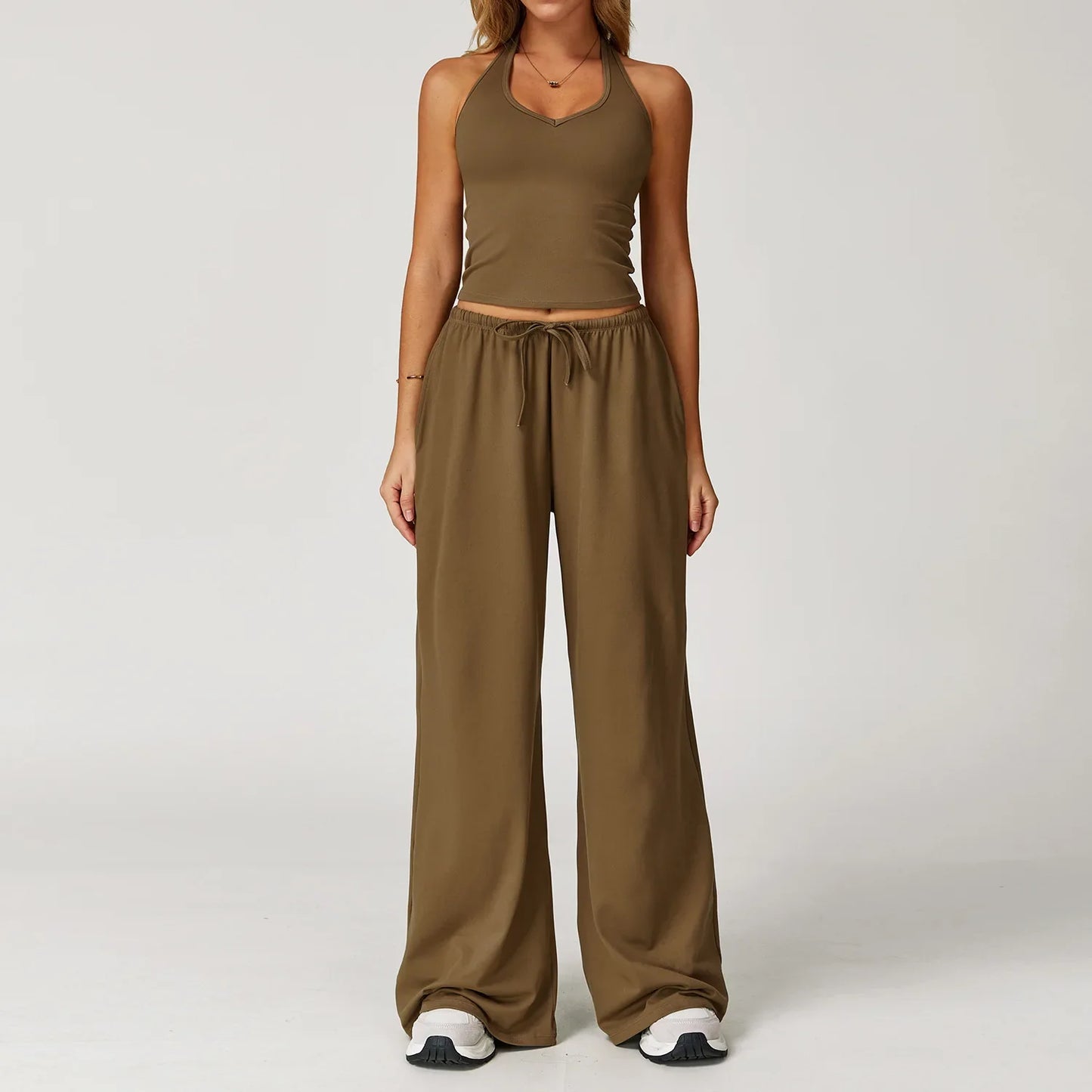 Laura | Damen Freizeit Neckholder Crop-Top Hosen Set