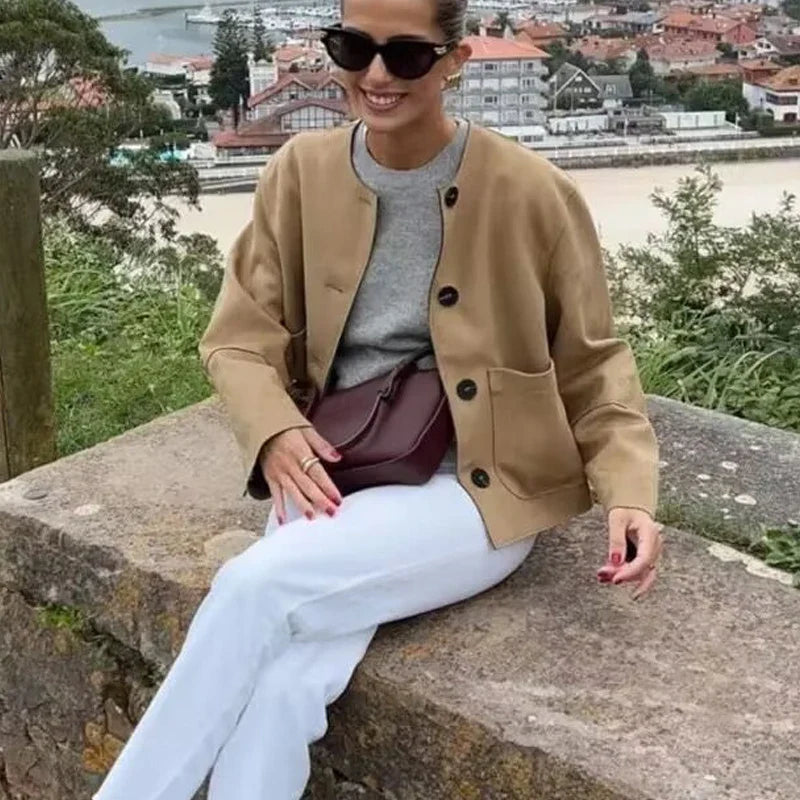 Jessica | Damen Schicke Jacke mit Rundhalsausschnitt und Knöpfen