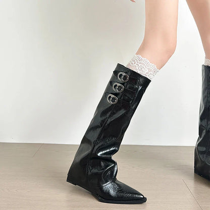 Yvonne | Damen Leder Oberschenkelhohe Stiefel mit Schnalle