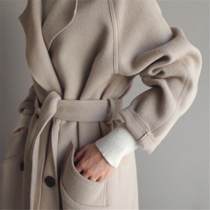 Hanna | Eleganter Damen Langer Wollmantel mit Taschen