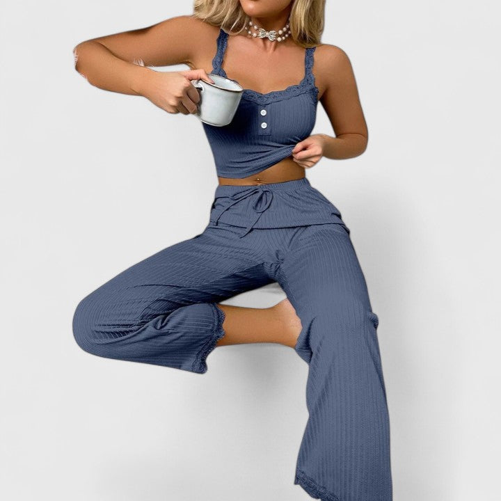 Pauline | Damen Geripptes Pyjama-Set mit Spitzenbesatz