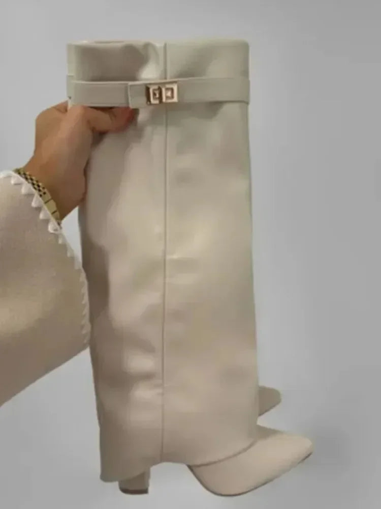 Petra | Damen Leder Oberschenkelhohe Stiefel mit Schnalle