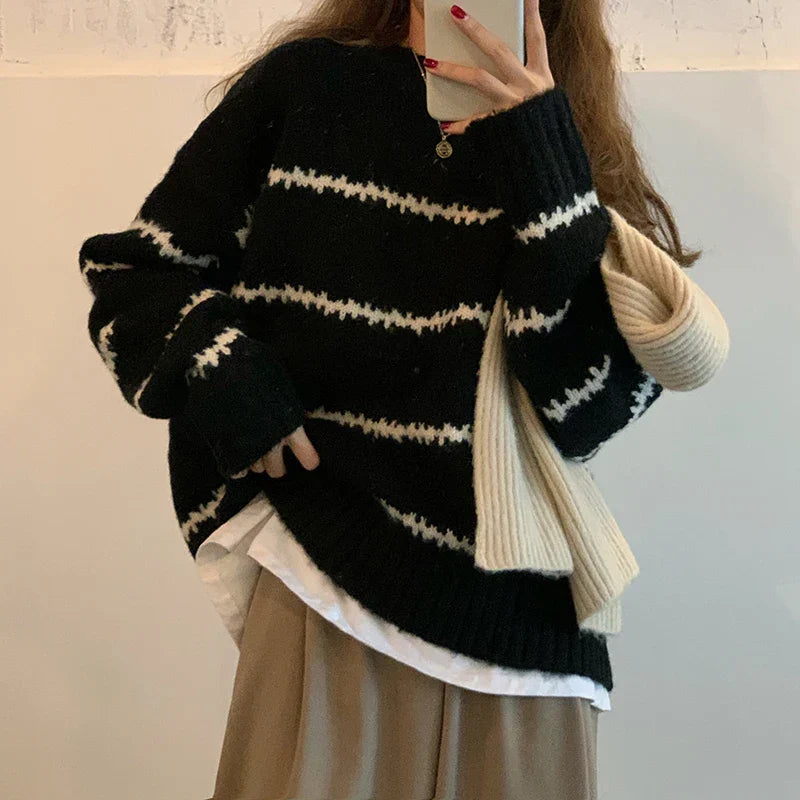 Martina | Damen Gemütlicher Gestreifter Winterpullover