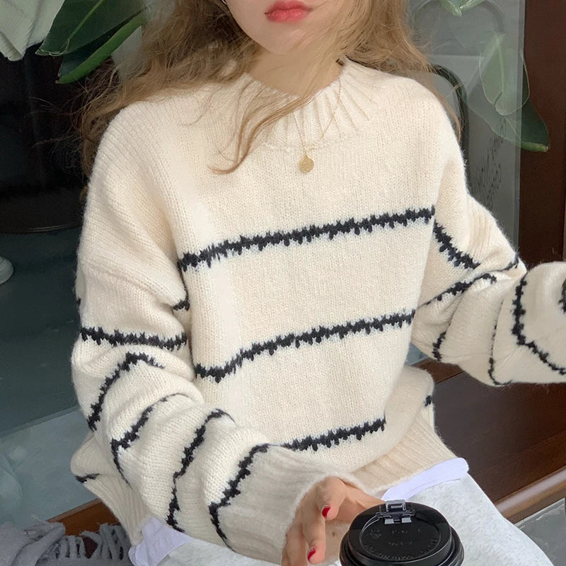 Martina | Damen Gemütlicher Gestreifter Winterpullover