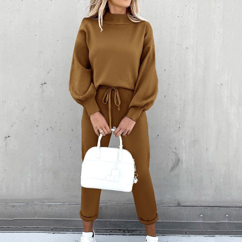 Katharina | Weiches Strick Lounge Set mit Kordelzug Taille Damen
