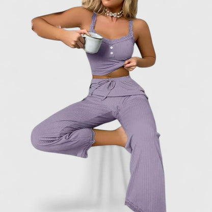 Pauline | Damen Geripptes Pyjama-Set mit Spitzenbesatz