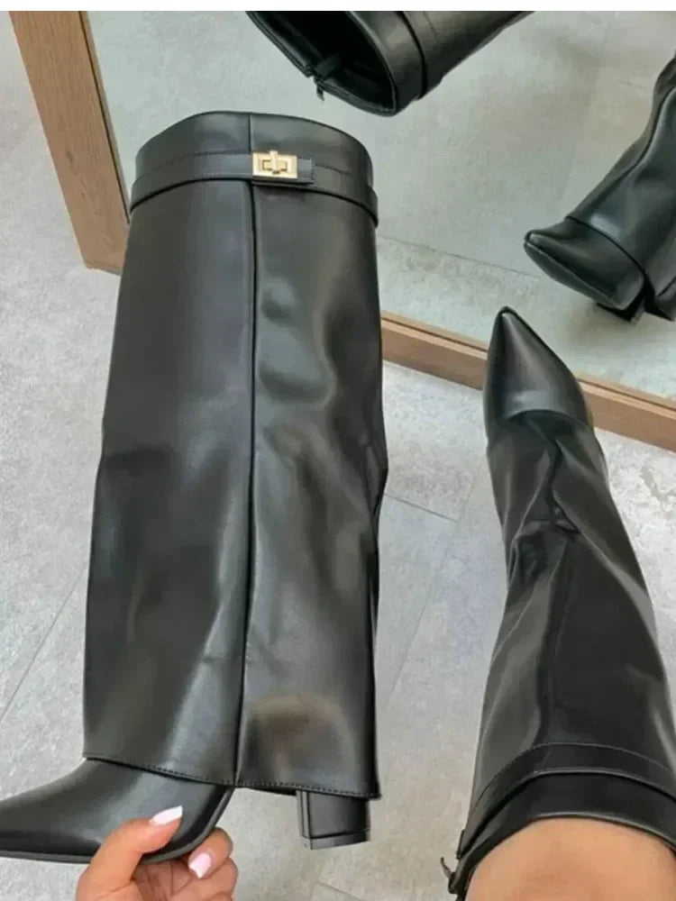Petra | Damen Leder Oberschenkelhohe Stiefel mit Schnalle
