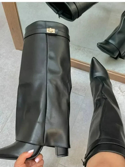 Petra | Damen Leder Oberschenkelhohe Stiefel mit Schnalle