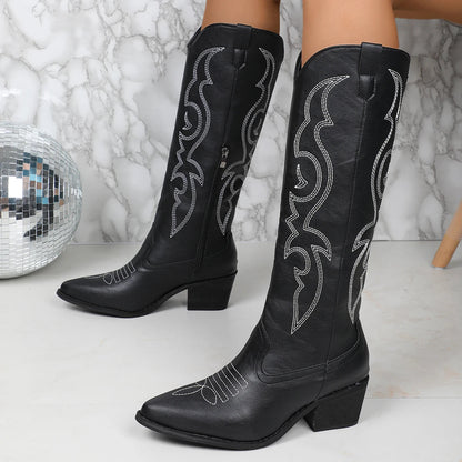 Doris | Damen Western Leder Winterstiefel mit Stickerei