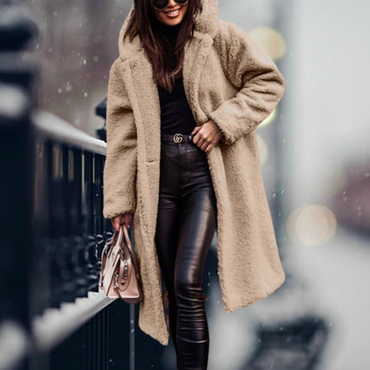 Susanne | Damen Warmer Langer Teddy-Mantel mit Taschen