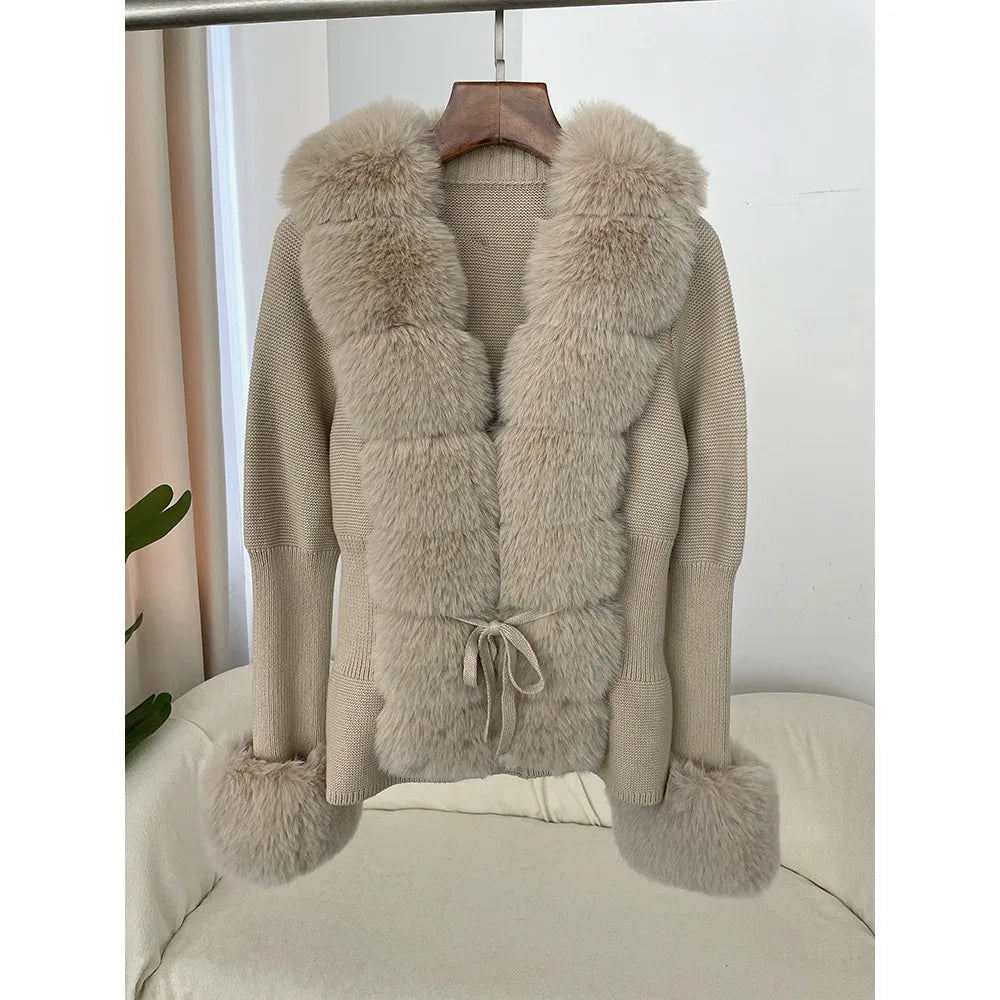 Lydia | Damen Winter Strickcardigan mit Kunstpelz-Besatz