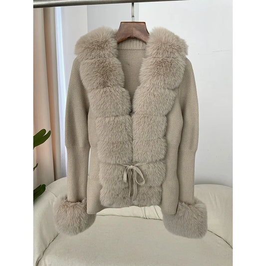 Lydia | Damen Winter Strickcardigan mit Kunstpelz-Besatz