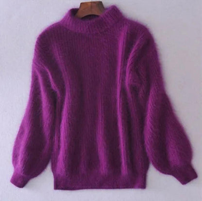 Helga | Damen Kuscheliger Flauschiger Strickpullover mit Hohem Kragen