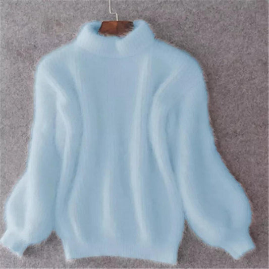 Helga | Damen Kuscheliger Flauschiger Strickpullover mit Hohem Kragen