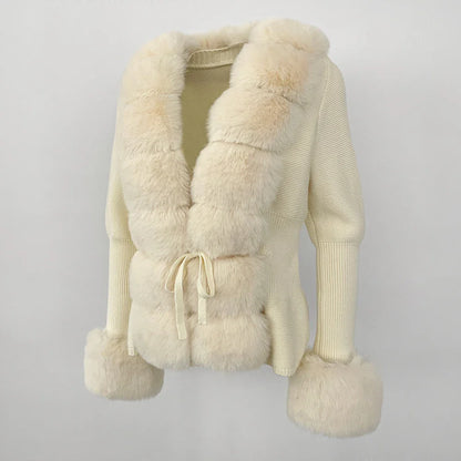 Lydia | Damen Winter Strickcardigan mit Kunstpelz-Besatz